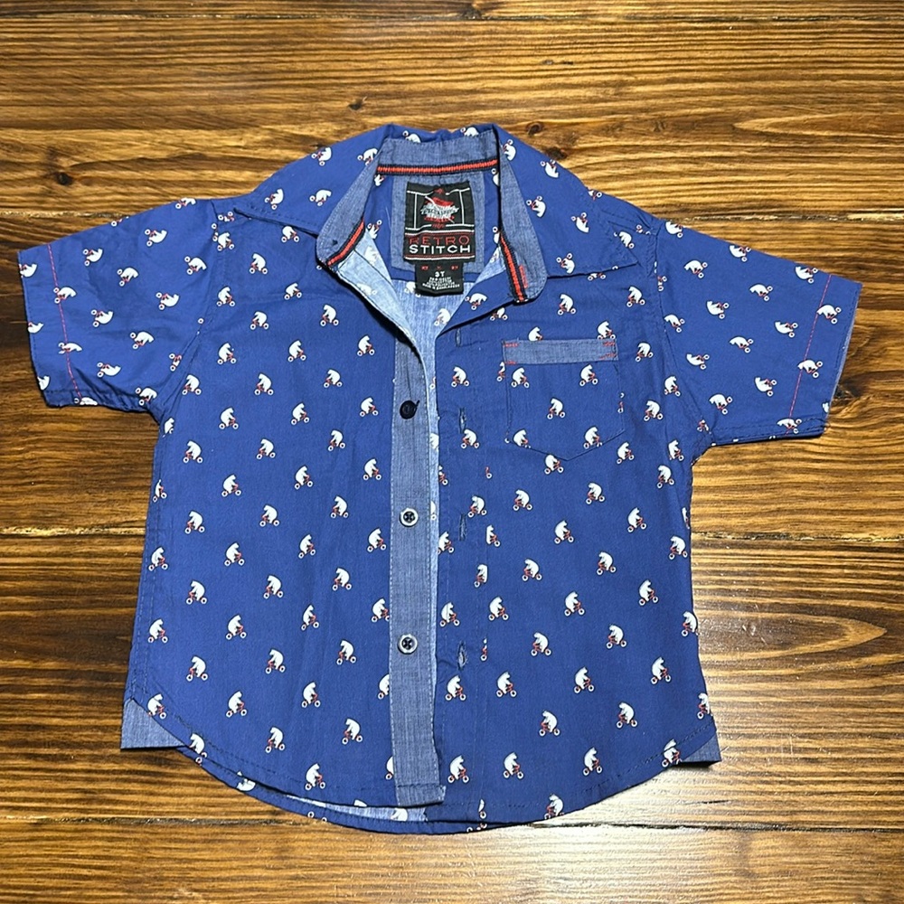 3T Retro Stitch- toddler button down // polar bear on a bike, blue